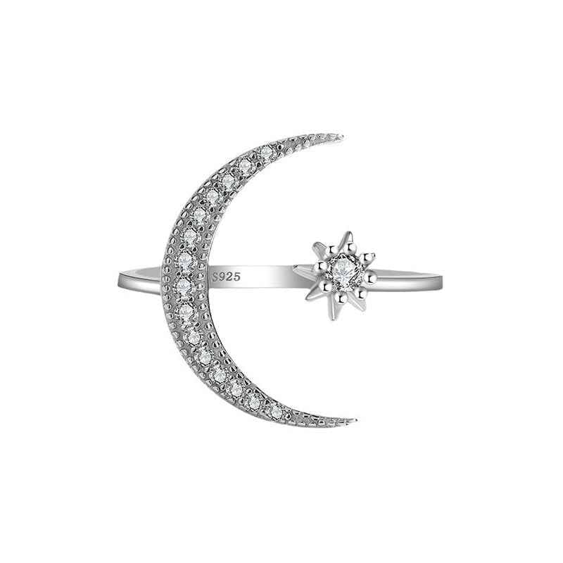 Starlit Embrace Moon Star Adjustable Ring 925 Sterling Silver