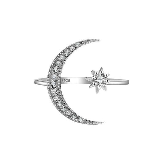 Starlit Embrace Moon Star Adjustable Ring 925 Sterling Silver
