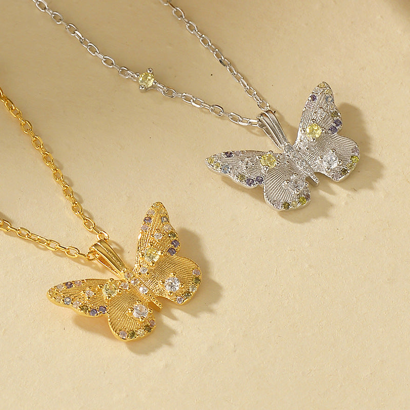 “Dreaming Butterfly” S925 Sterling Silver Multicolor Zircon Butterfly Necklace