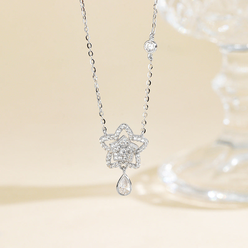 Starlit Dew Star Pendant Necklace with Teardrop Zircon in S925 Sterling Silver