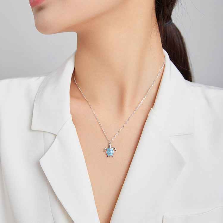 Azure Turtle S925 Sterling Silver Sea Turtle Pendant Necklace with Blue Enamel Shell