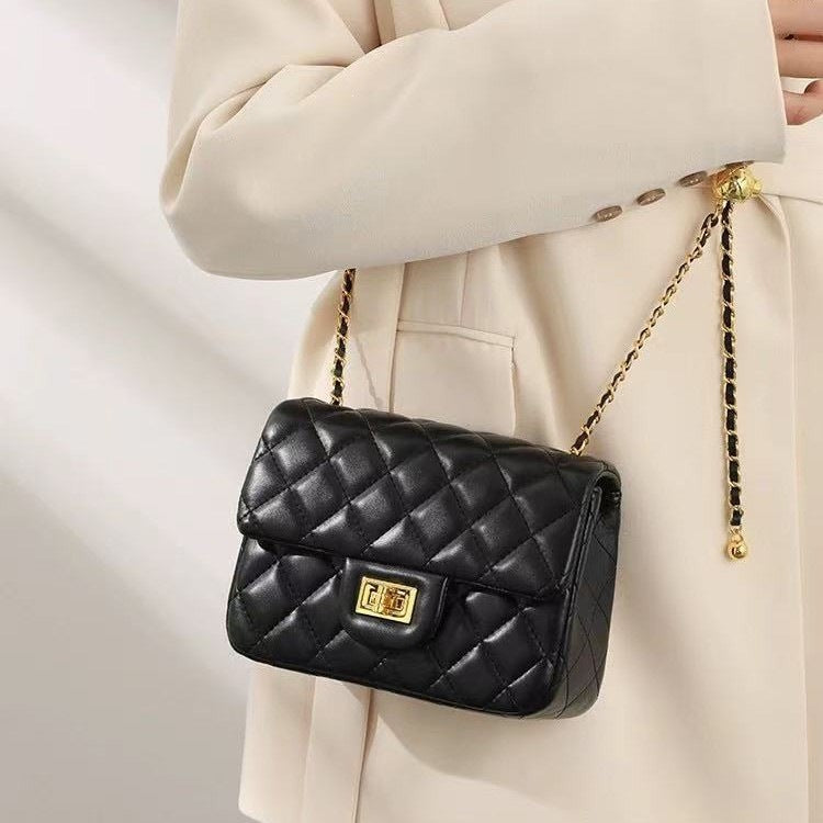 Women's Quilted Sheepskin Flap Bag with Golden Ball Chain