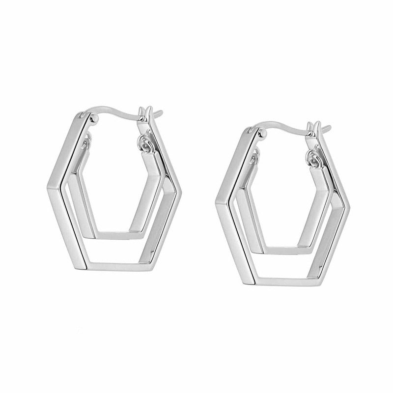 “Hexa Double Muse” S925 Sterling Silver Double-Layer Geometric Hoop Earrings