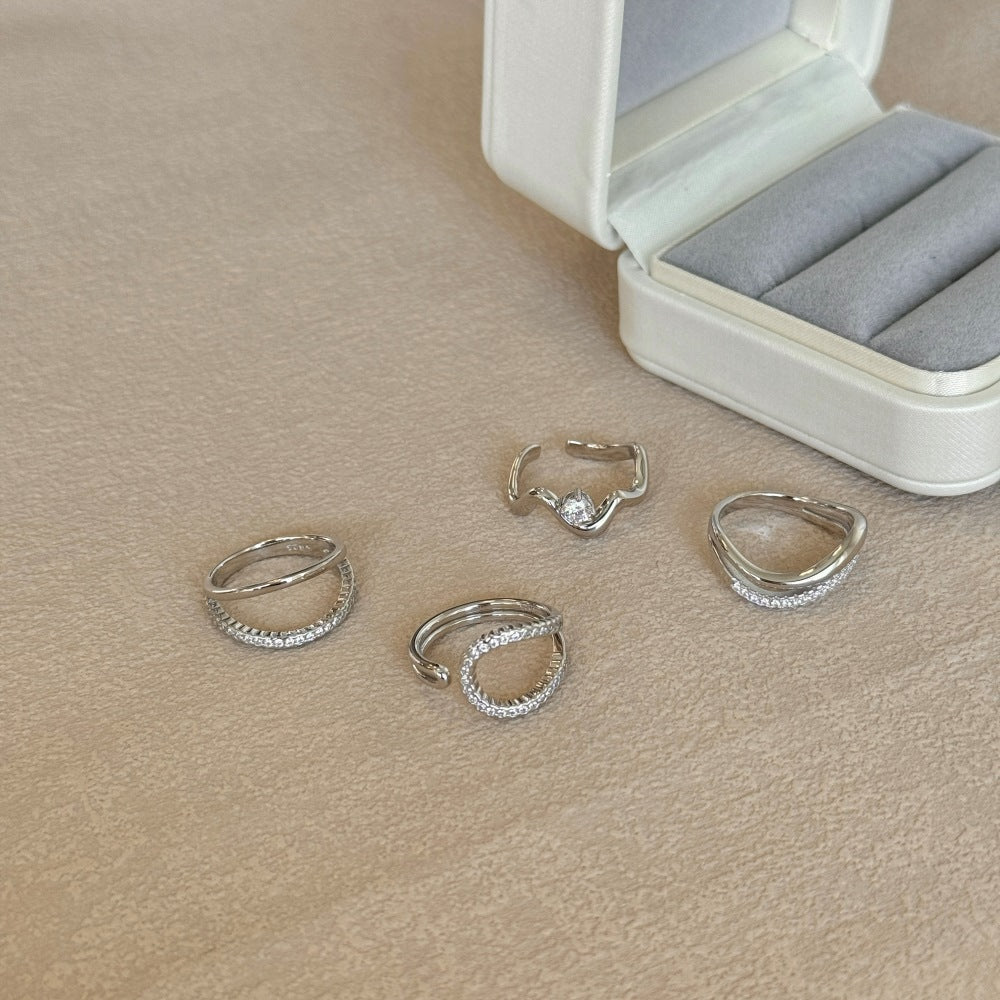 Lumière Line Sculptural Stackable Ring Collection with Zircon Accents, S925 Sterling Silver