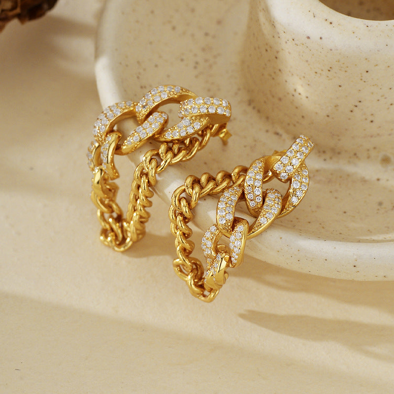 “Chain Eclat” S925 Sterling Silver Zircon Chain Stud Earrings