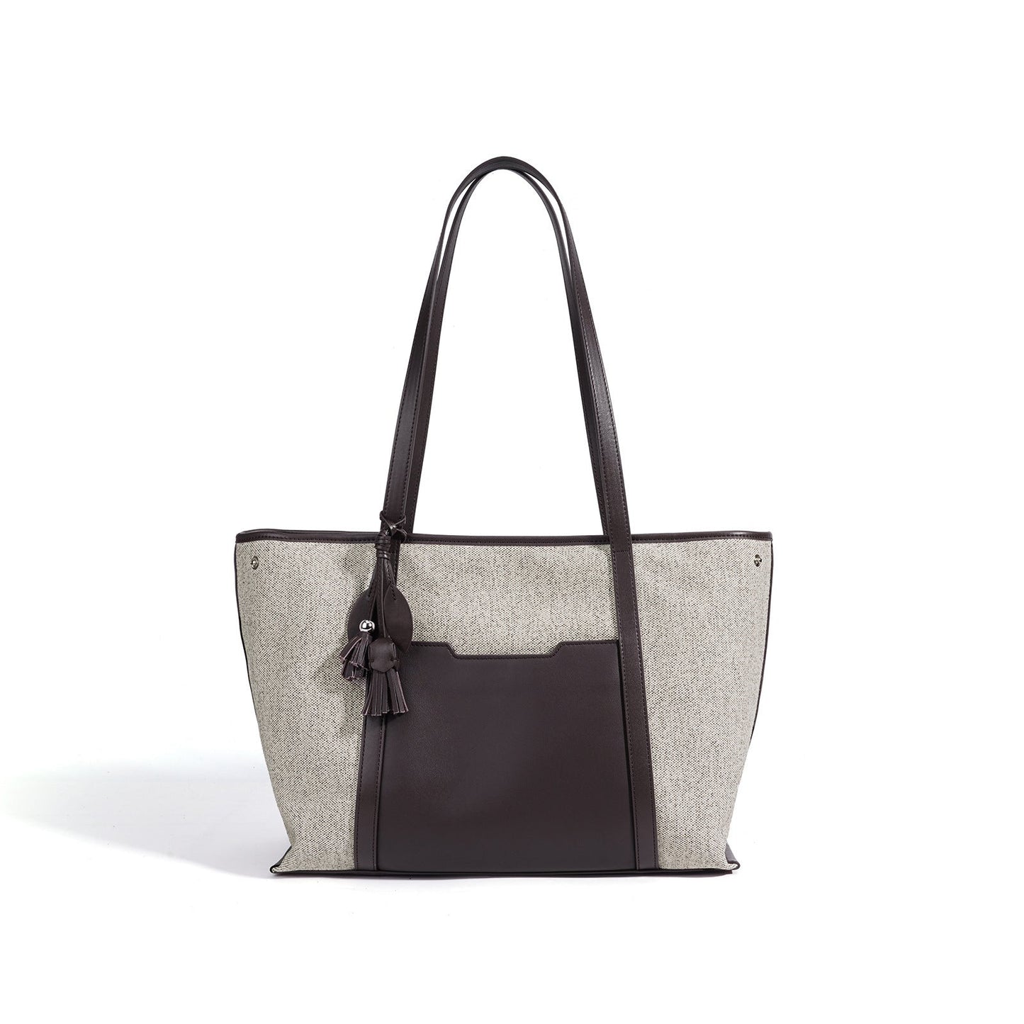 Women's Canvas Tote Bag with Genuine Leather Panels and Tassel Charm