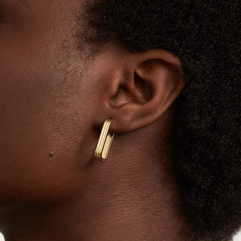 “Ribbed Rectangle” S925 Sterling Silver Textured Geometric Hoop Earrings