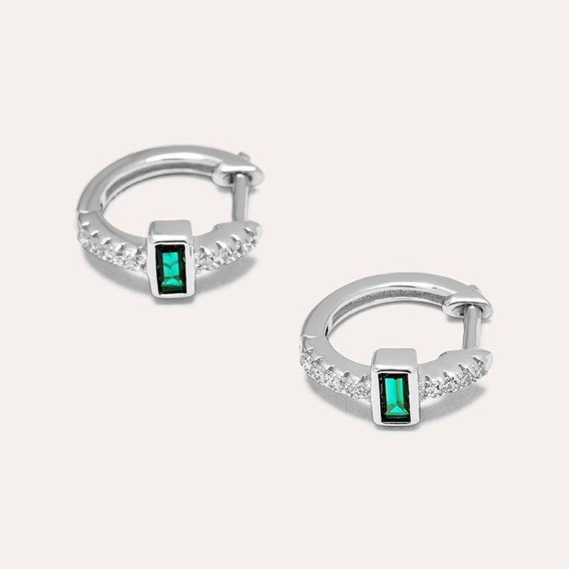 “Emerald Deco” S925 Sterling Silver Green Zircon Huggie Hoop Earrings