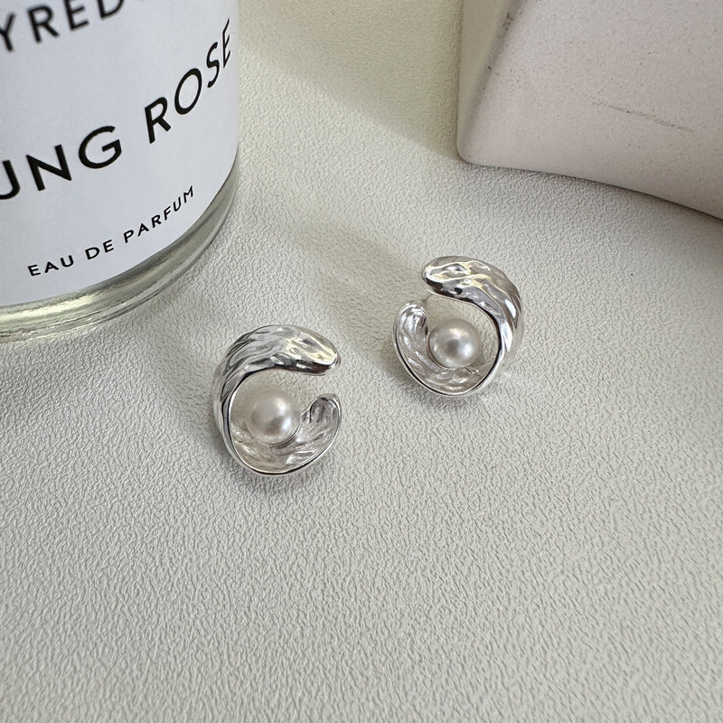 S925 Sterling Silver Pearl Muse Textured Pearl Earrings Modern Artistic Stud