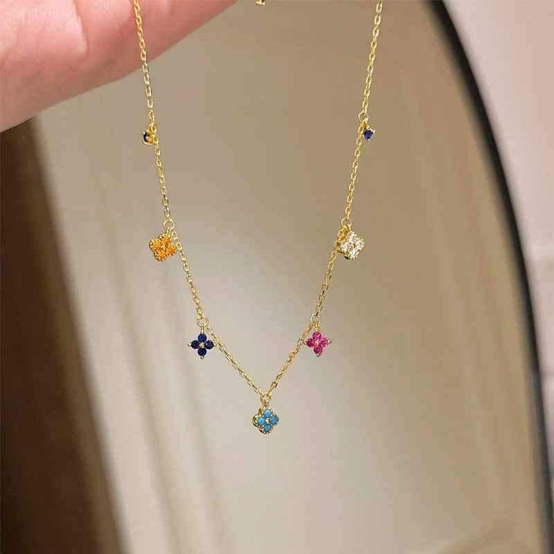 925 Sterling Silver Bloom of Luck Clover Jewelry Set Necklace Ring Earrings