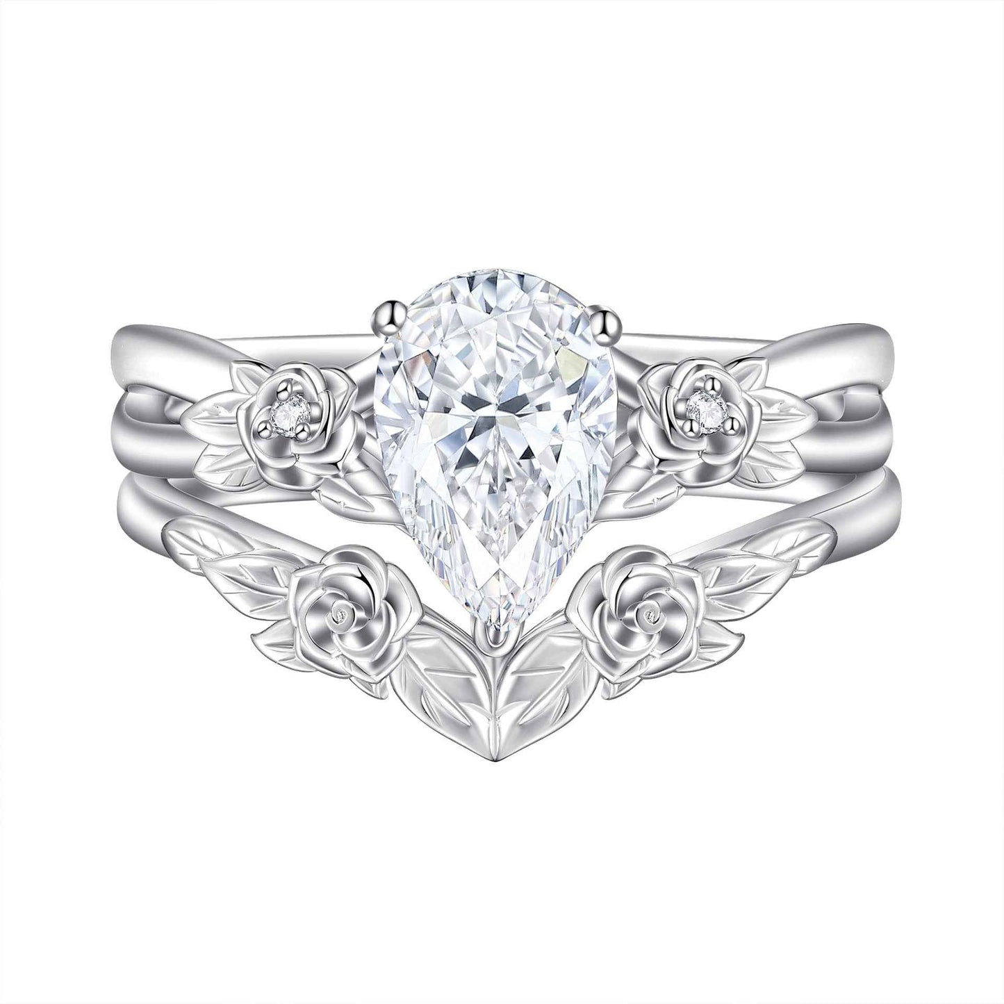 Rose Tiara S925 Silver 1.5CT Pear Cut Floral Ring Set