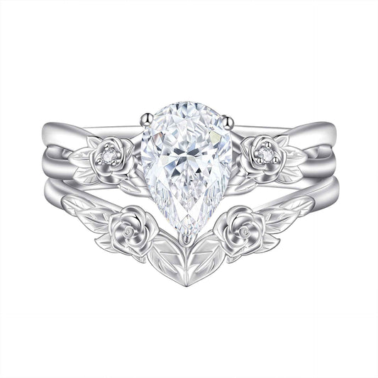 Rose Tiara S925 Silver 1.5CT Pear Cut Floral Ring Set