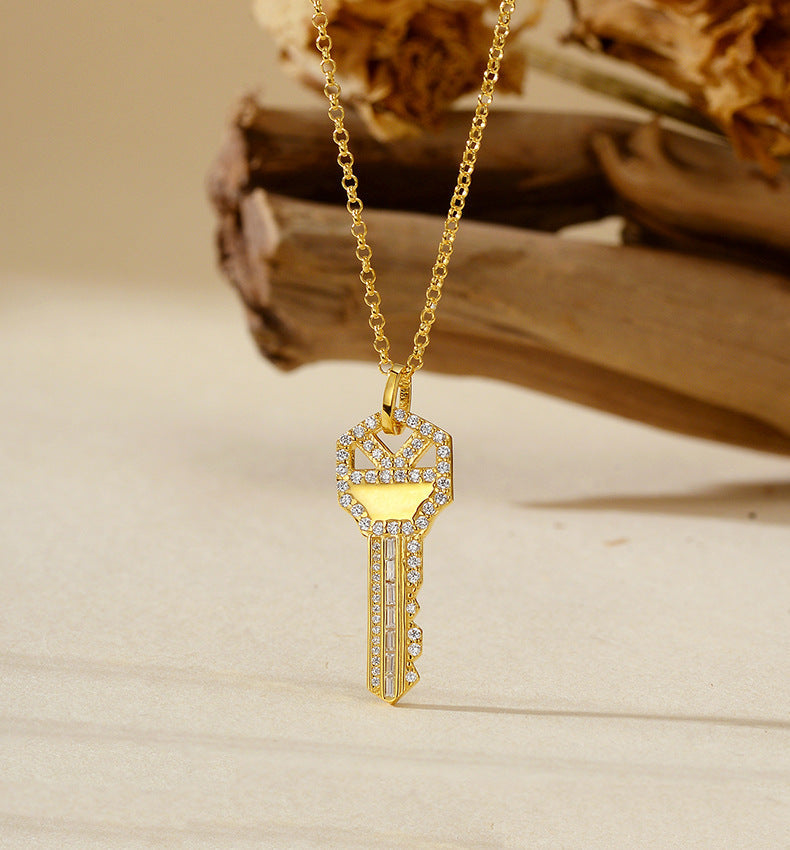 925 Sterling Silver Pavé Key Pendant Necklace