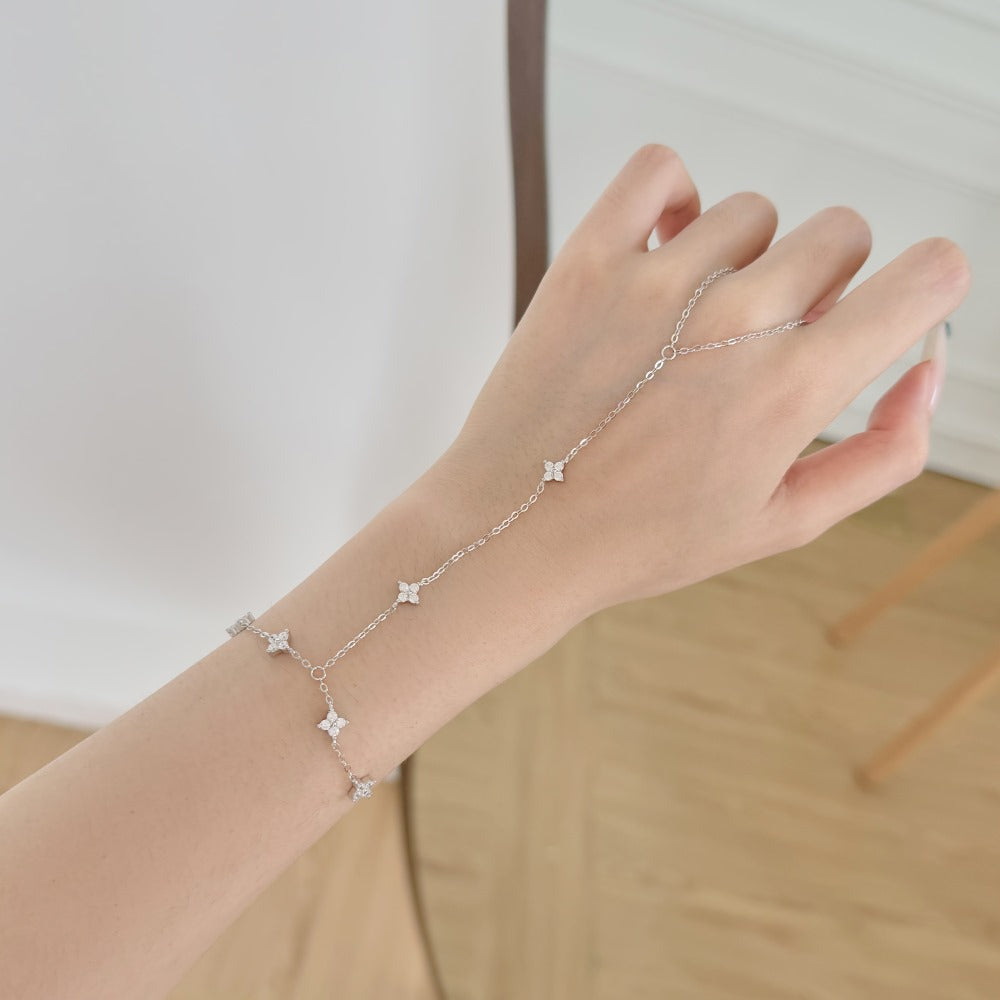 S925 Sterling Silver Grace Link Finger Bracelet Hand Chain CZ Elegant Jewelry