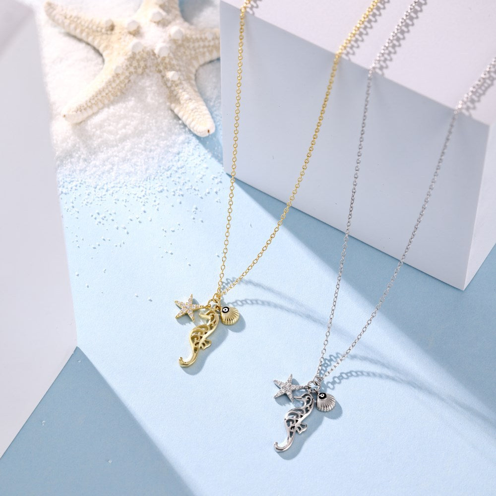 Ocean Talisman S925 Silver Starfish Seahorse Shell Charm Necklace