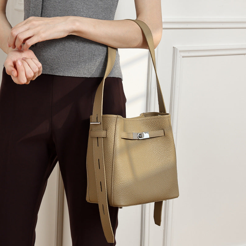 Women's Pebbled Cowhide Bucket Bag with Double-D Hardware