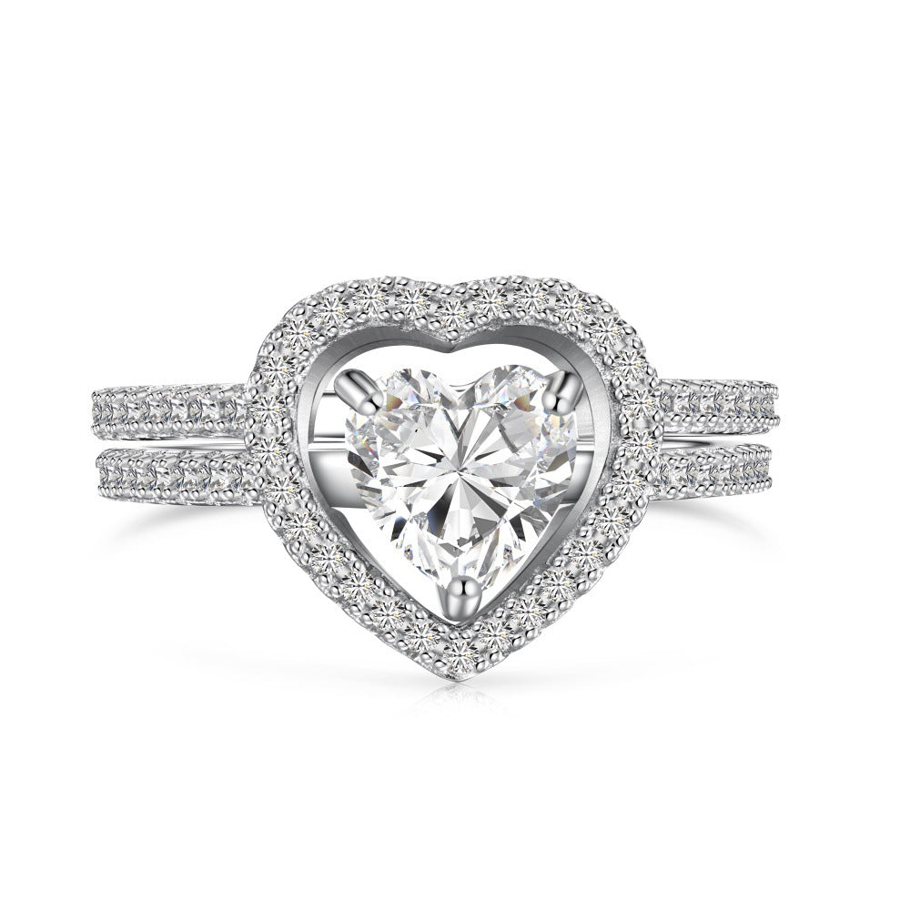S925 Sterling Silver Heart Duet Stackable Ring Set 5A Zircon White Pink