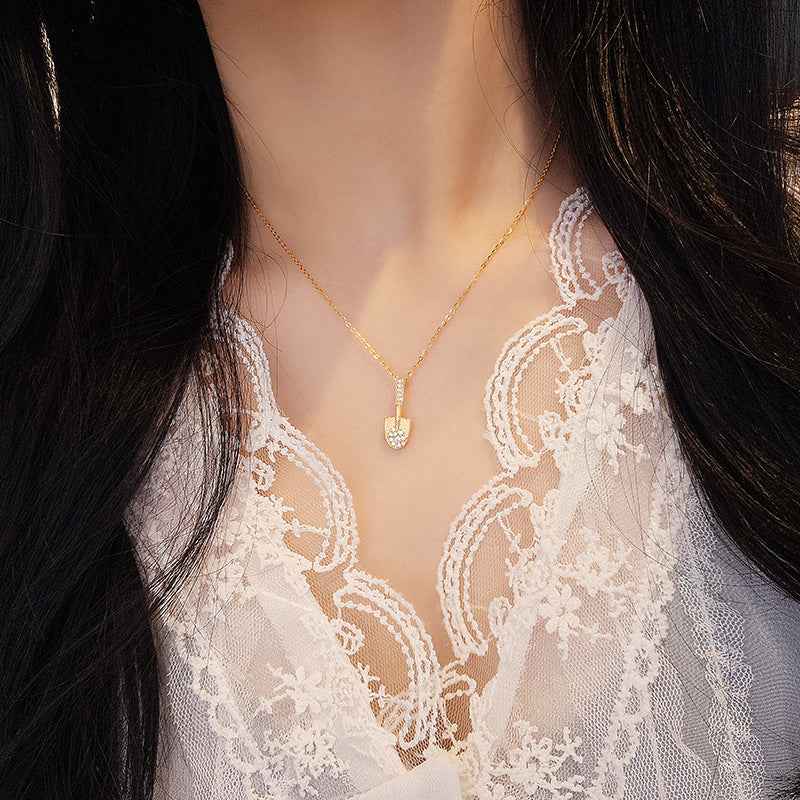 Golden Fortune Shovel Pendant Necklace S925 Sterling Silver Pavé
