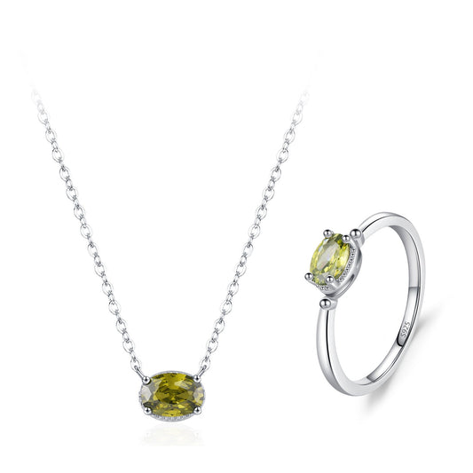 Olive Glow Green Zircon Necklace Ring Set 925 Sterling Silver