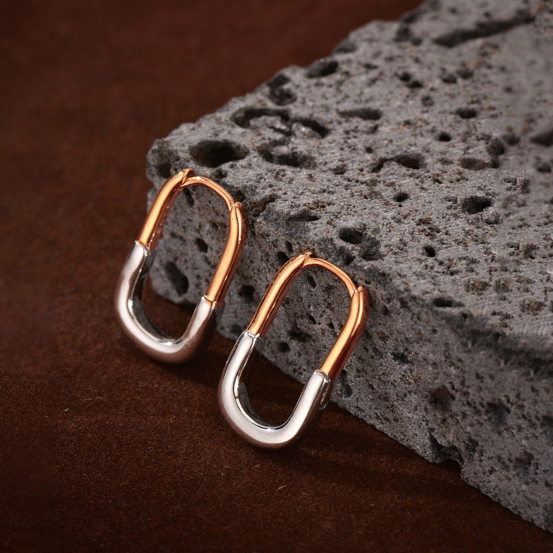 “Dual Tone Arc” S925 Sterling Silver Two-Tone U-Shaped Hoop Earrings