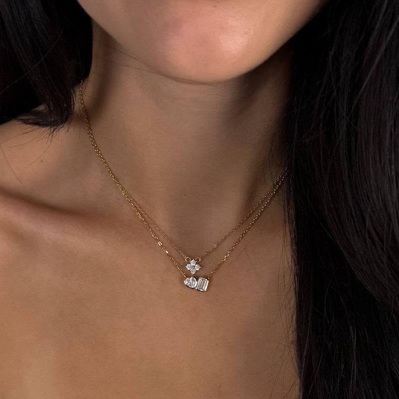 “Square Heart” S925 Sterling Silver Geometric Zircon Heart Necklace
