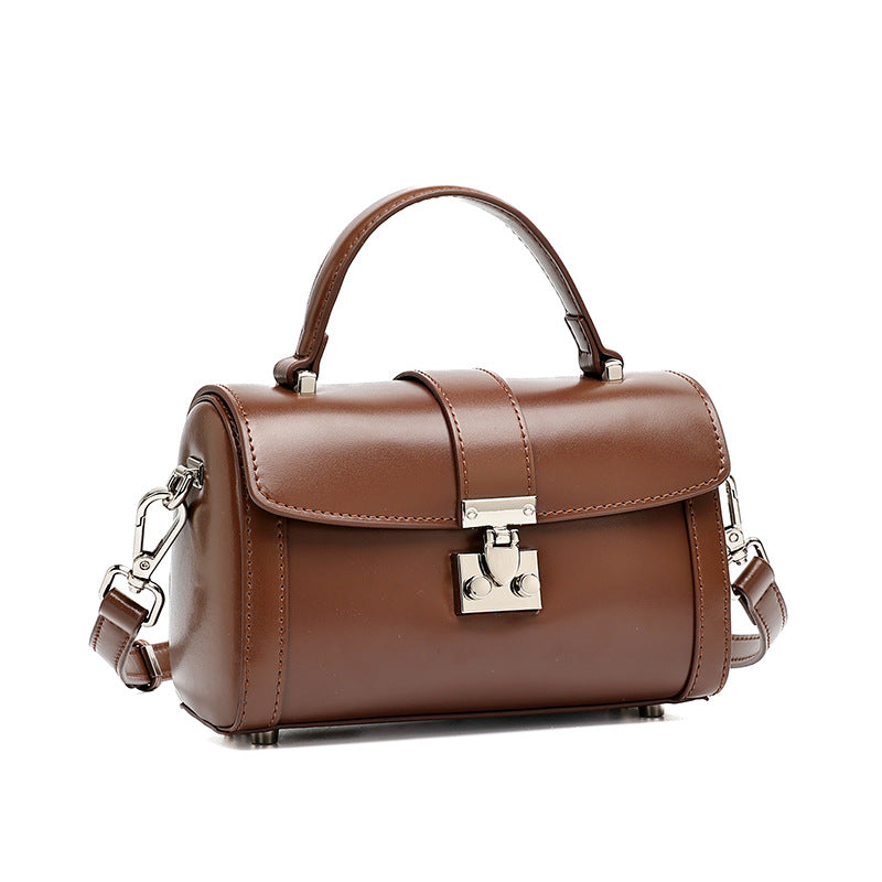 Women's Genuine Leather Cylinder Box Bag with Push Lock