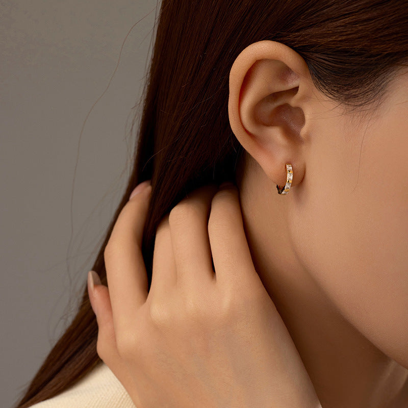 “Rectangular Radiance” S925 Sterling Silver Zircon Geometric Hoop Earrings