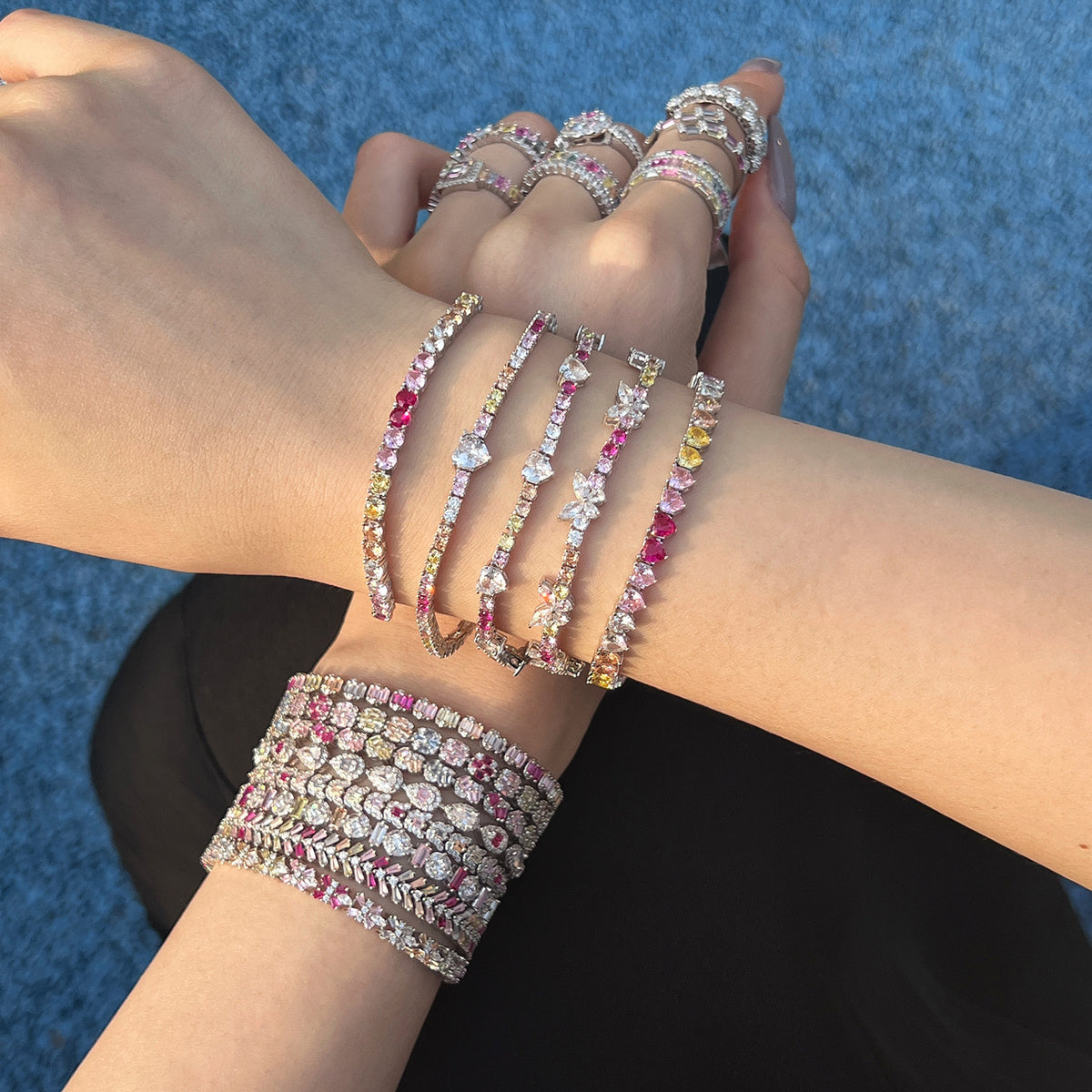“Dopamine Bloom” S925 Sterling Silver Colorful Heart & Floral Bracelet
