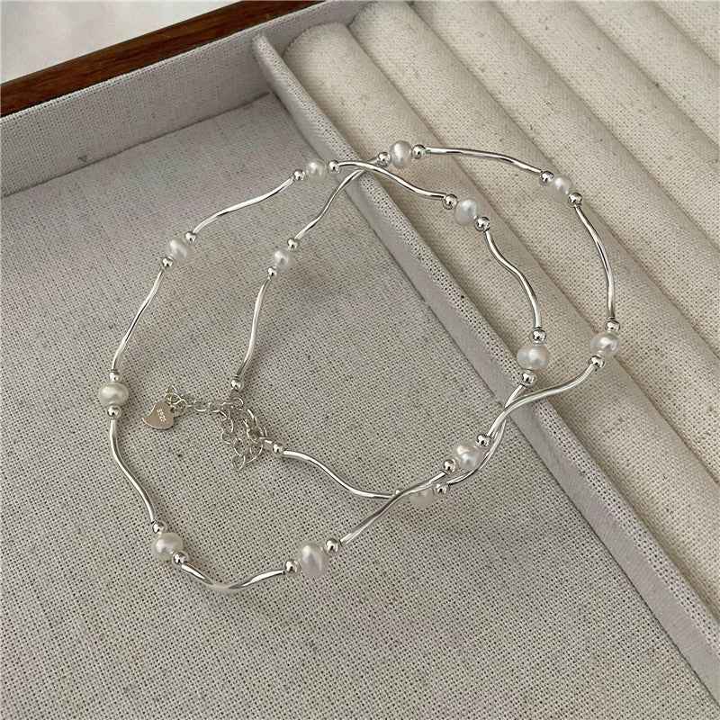 S925 Sterling Silver Waves & Pearls Jewelry Set Necklace Bracelet Freshwater Pearl