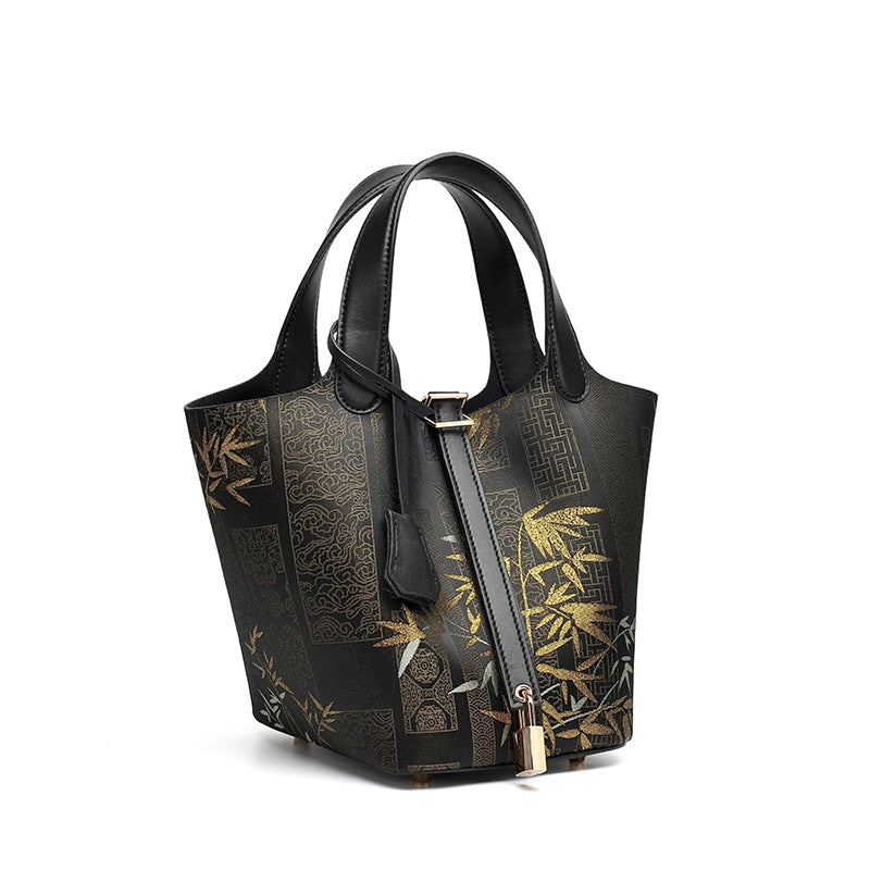 Women's Oriental Garden Genuine Leather Bucket Bag with Charm