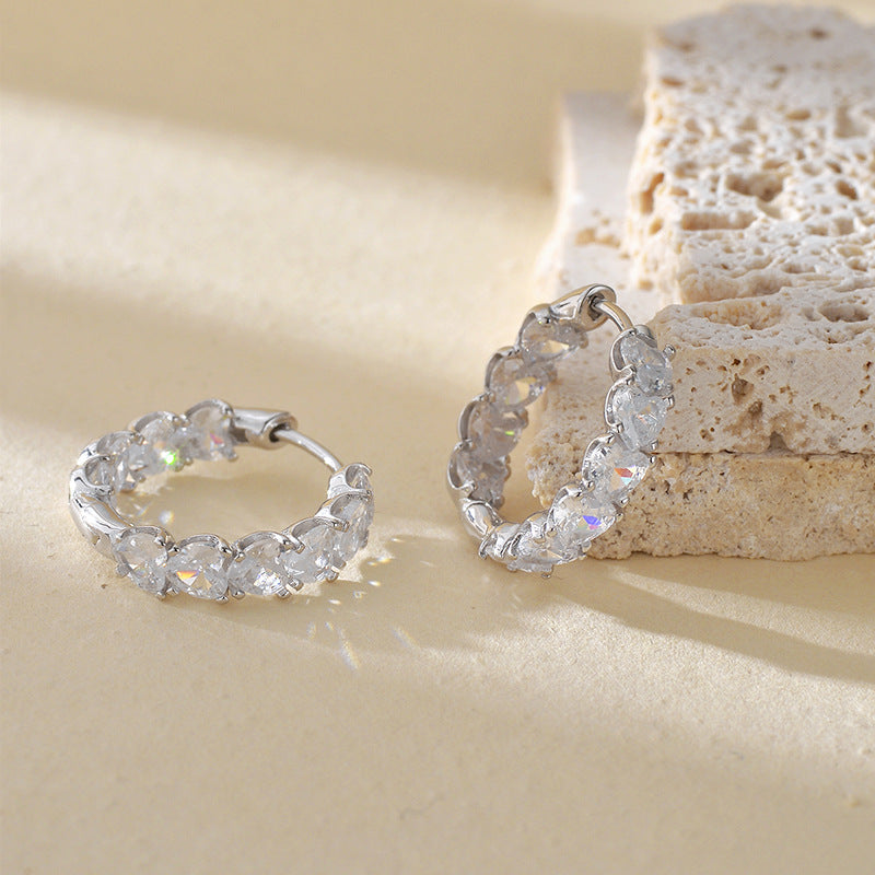 “Heartfall Spark” S925 Sterling Silver Heart Zircon Hoop Earrings