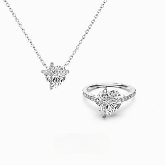 “Amore Gleam” S925 Sterling Silver Heart Necklace and Ring Set