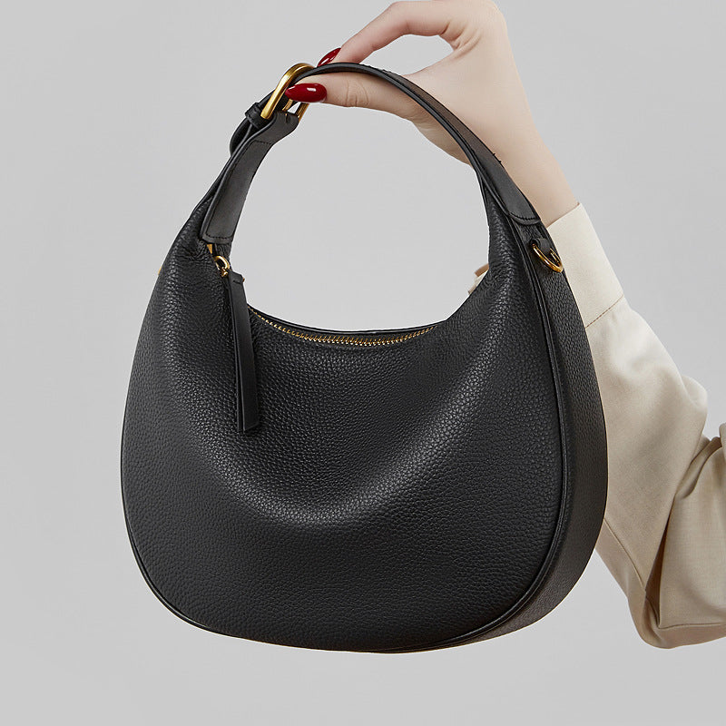 Women's Pebbled Cowhide Half-Moon Hobo Bag with Adjustable Strap