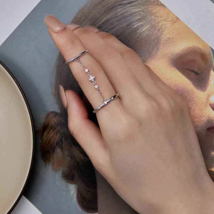 925 Sterling Silver Double Band Chain Adjustable Ring