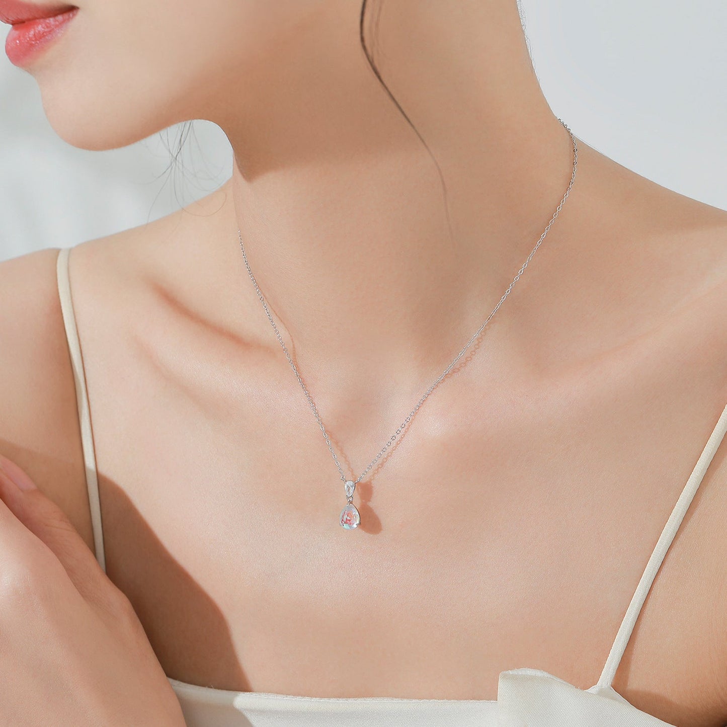Luna Drop Teardrop Moonstone Necklace Earrings Set 925 Sterling Silver