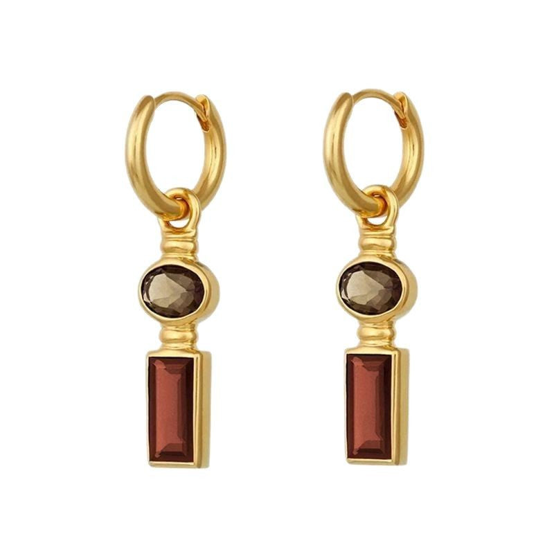 “Amber Deco” S925 Sterling Silver Oval Drop Hoop Earrings with Square Zircon