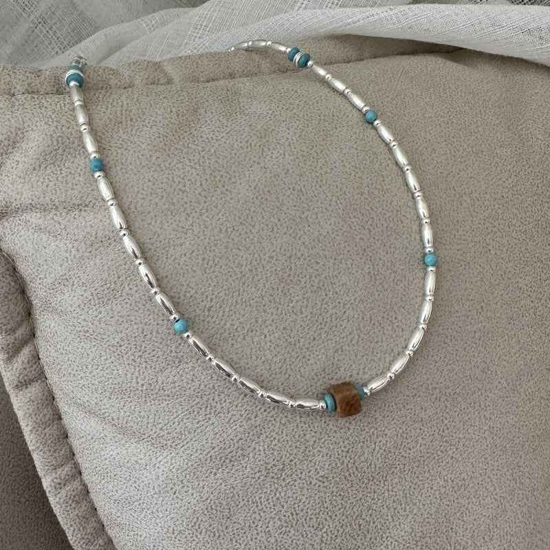 S925 Sterling Silver Turquoise Bead Necklace Adjustable Chain Vintage Style