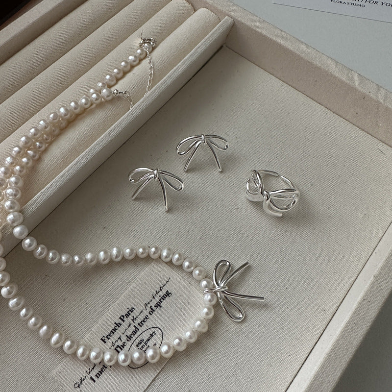 S925 Sterling Silver Bow Elegance Jewelry Set Necklace Earrings Ring Pearl Bow