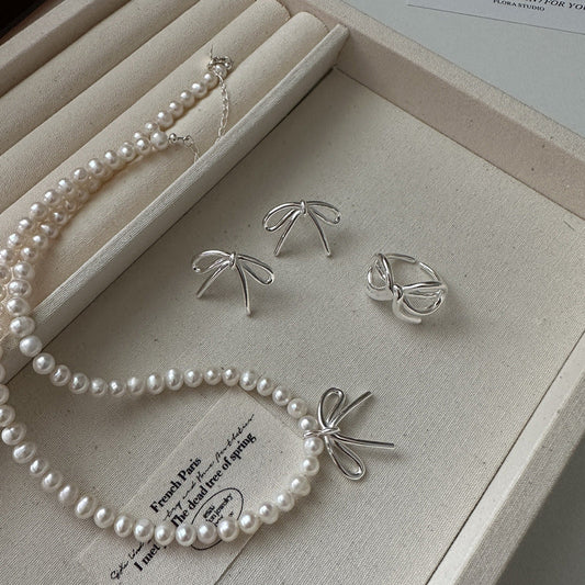 S925 Sterling Silver Bow Elegance Jewelry Set Necklace Earrings Ring Pearl Bow