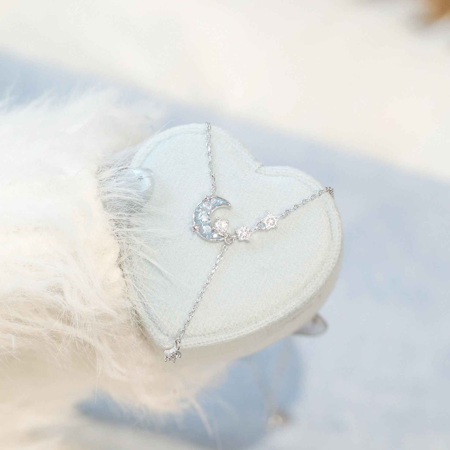 Moonlit Aurora S925 Sterling Silver Crescent Moon & Blue Zircon Tassel Necklace Bracelet Set
