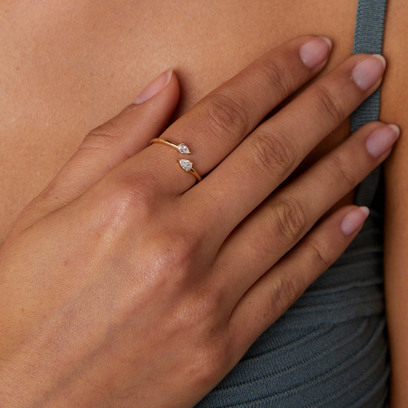 “Twin Drops” S925 Sterling Silver Zircon Teardrop Open Ring