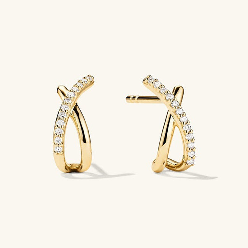 “Crossline Elegance” S925 Sterling Silver Crisscross Stud Earrings with Sparkling Accents