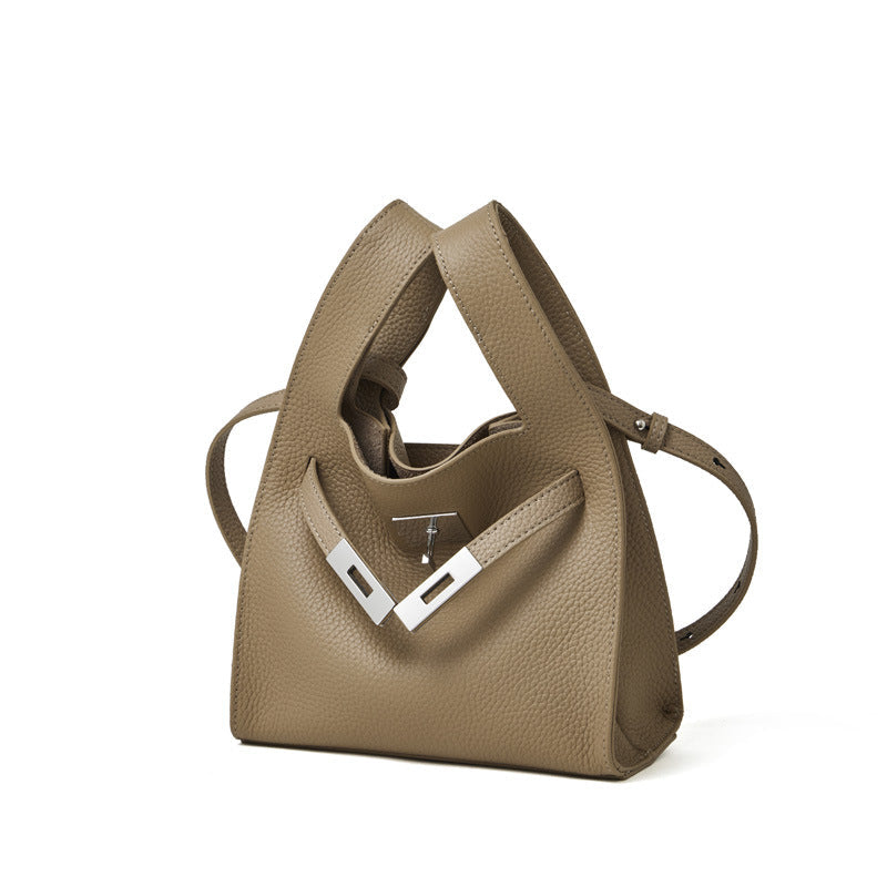 Women's Pebbled Cowhide Twist-Lock Bucket Bag with Inner Pouch
