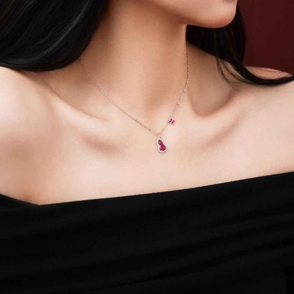 Crimson Gourd Double Drop Necklace with Red Zircon in S925 Sterling Silver
