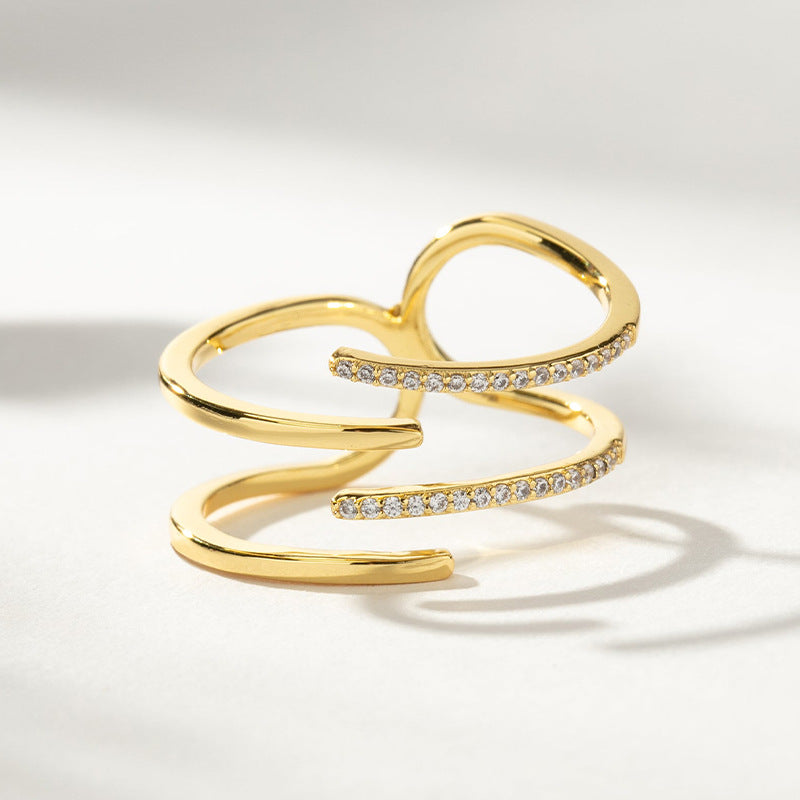 “Offset Spark” S925 Sterling Silver Open Adjustable Double-Band Zircon Ring