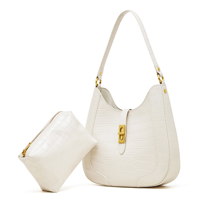 Women's Croc-Embossed Genuine Leather Hobo Bag with Detachable Pouch