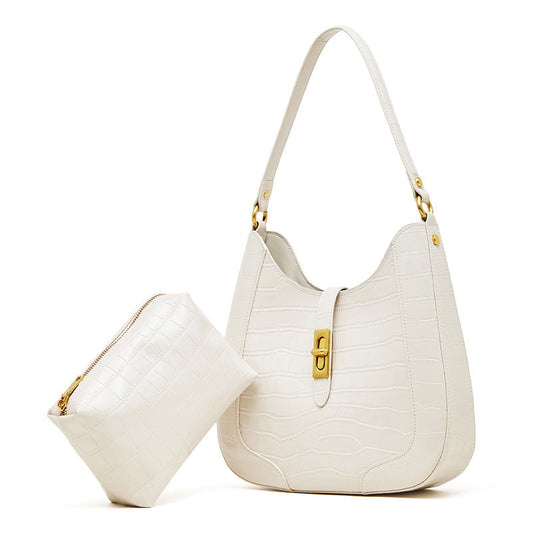 Women's Croc-Embossed Genuine Leather Hobo Bag with Detachable Pouch