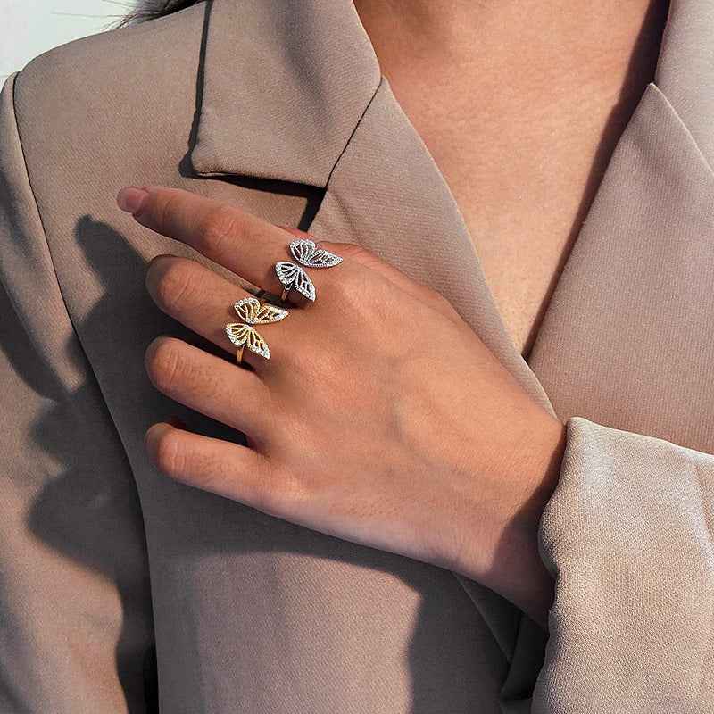 925 Sterling Silver Flutter Gleam Pavé Butterfly Open Ring Gold Platinum Plated