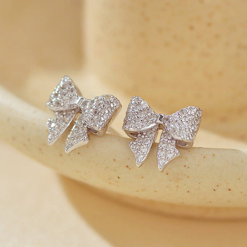 “Bow Belle Spark” S925 Sterling Silver Zircon Bow Stud Earrings