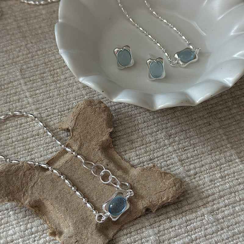 925 Sterling Silver Ocean Pillow Aquamarine Blue Jewelry Set Necklace Bracelet Earrings